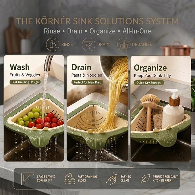 Magnetic Drainage & Filter Basket, Triangular Sink Strainer with Twist-Open Bottom, triangular drain magnetic basket, corner sink strainer for food scraps (White And Green Interwoven)