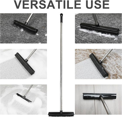 Rubber Broom and Dustpan Set,Pet Hair Removal Rubber Broom with Squeegee and Stainless Steel Dust Pan,Carpet Rake Push Broom and Dustpan for Fluff Hardwood Floor Tile (Black)