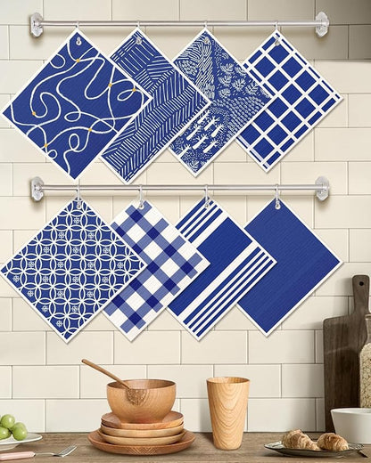 Miss Adola 8 Pack Reusable Kitchen Swedish Dishcloths for Washing Dishes Cloths Absorbent Fast Drying Cleaning Sponge Cute Decorate Washable Swedish Towels, Blue Line
