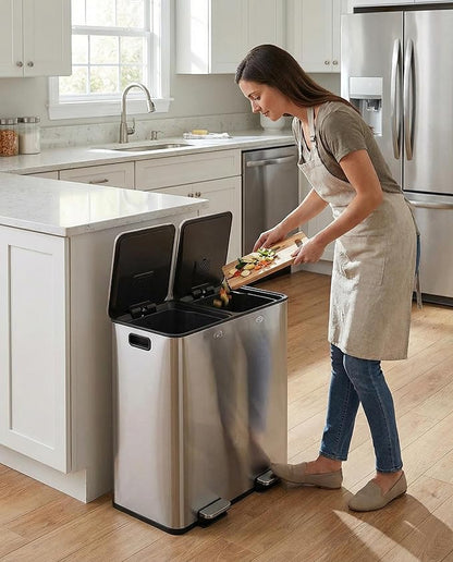 Trash Can,16 gal / 60 L Dual Compartment Stainless Steel Kitchen Trash Can for Recycling,2×8-Gallon Garbage Can with Lid, Removable Inner Buckets, Soft-Close Foot Pedal for Kitchen Home Office