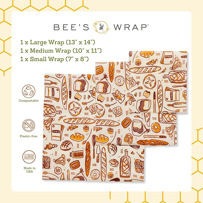 Bee's Wrap Beeswax Wraps for Food - 3 Pack of Assorted Beeswax Wraps - Small, Medium & Large Wrap - Plastic Free Made in USA Reusable Natural Food Wrap - Bakery Lane Print
