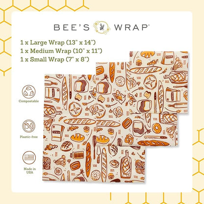 Bee's Wrap Beeswax Wraps for Food - 3 Pack of Assorted Beeswax Wraps - Small, Medium & Large Wrap - Plastic Free Made in USA Reusable Natural Food Wrap - Bakery Lane Print