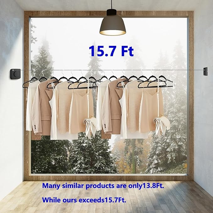 15.7Ft Retractable Clothesline Indoor is Also an Anti-sag Retractable Clothesline Outdoor,Stainless Steel Wire Laundry line Retractable for Drying Clothes ，with 12 Clip (Black)