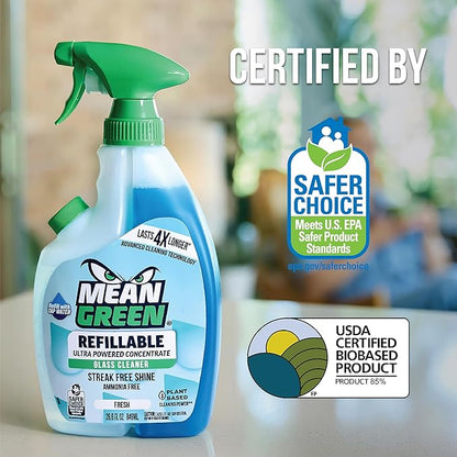 Mean Green Refillable Ultra Powered Glass Cleaner Concentrate, Fresh Scent, 14.3 fl oz – Plant & Mineral Based, Streak-Free Shine, Refillable Bottle Makes 4X Refills