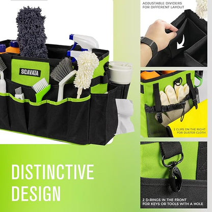 SCAVATA Wearable Cleaning Caddy Bag, Cleaning Caddy Supplies Organizer with Handle & Shoulder Straps for Housekeepers, Under Sink & Car Cleaning Tool Organizers with 4 Foldable Divider (NeonGreen)