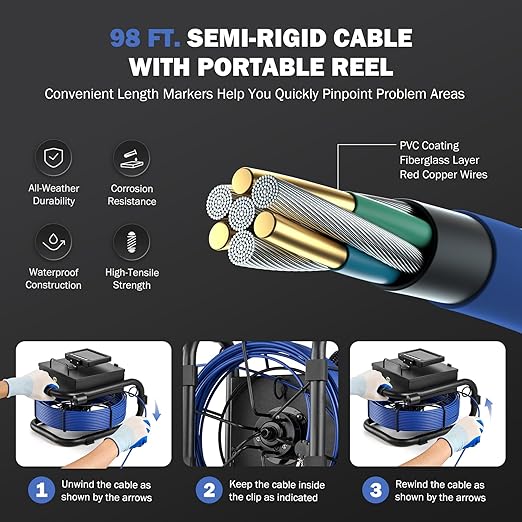 ZELCAN Sewer Camera, Drain Camera 100FT with 4.3 in. LCD Screen, Waterproof IP68 Borescope Plumbing with 12 LED Lights with 5300mAh Battery DVR Recorder, Included 32GB Card