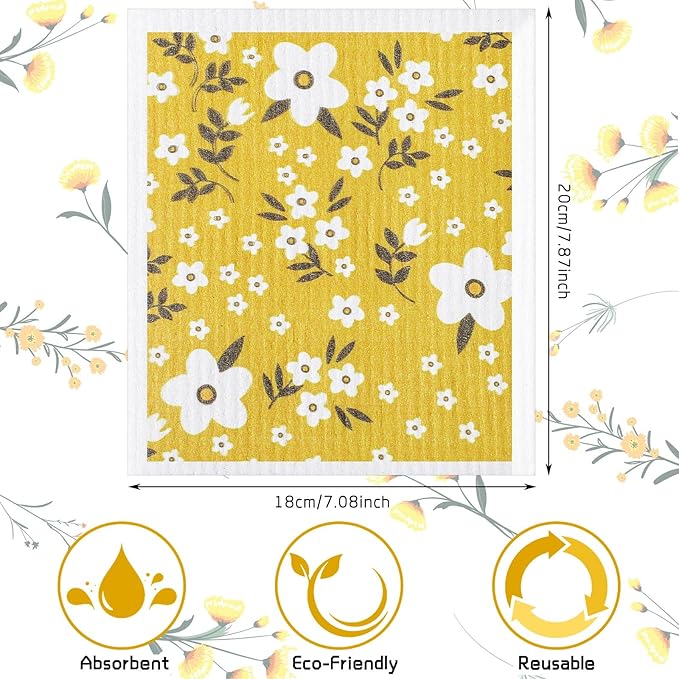 CHENGU 6 Pcs Swedish Kitchen Dish Towels Kitchen Cloth Absorbent Quick Drying Cloths Reusable Dishcloth Small Cleaning Rag for Counter(Flowers Leaves Patterns)