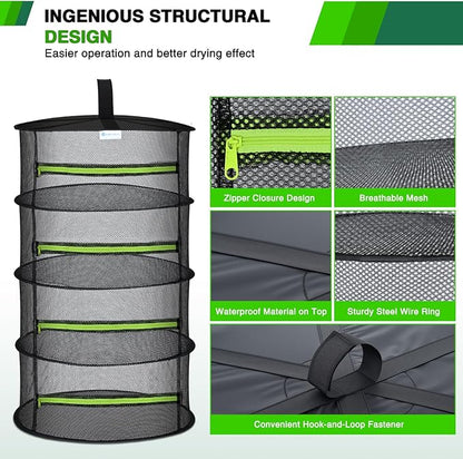 Yesker 4 Layer Herb Drying Rack Hanging Mesh Net Foldable Plant Drying Racks 24" w Green Zipper Pruning Shears Hook Dryer Hanging Rack for Herbs Seed Bud Fruit Clothes Grow Tent Closets Garden Outdoor