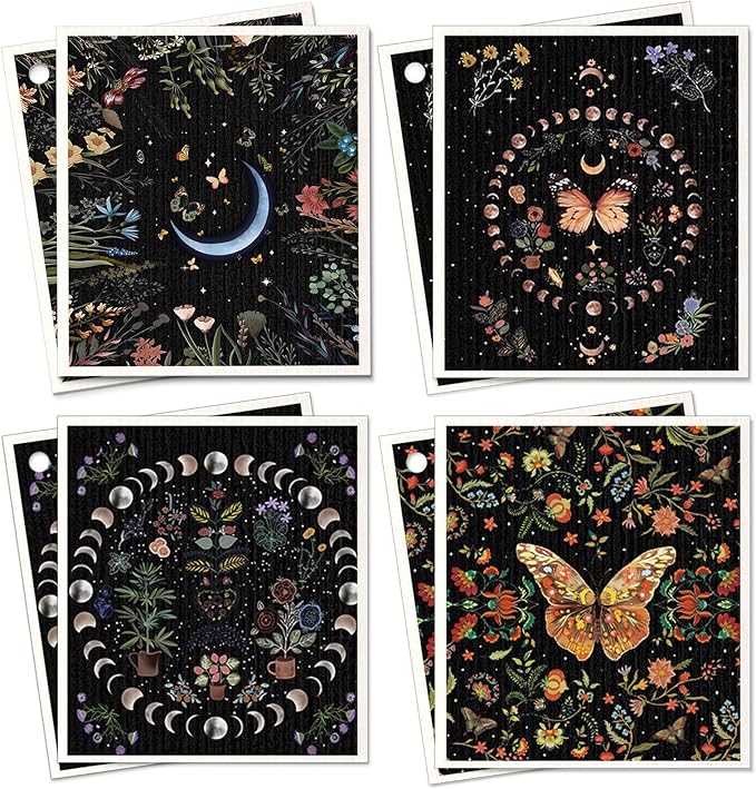 Miss Adola Swedish Dishcloths for Kitchen - Whimsical 8 Pack Compostable Patterned Cotton Dish Cloths Absorbent Swedish Paper Towels Reusable Kitchen Dish Towels, Moonlit Butterfly