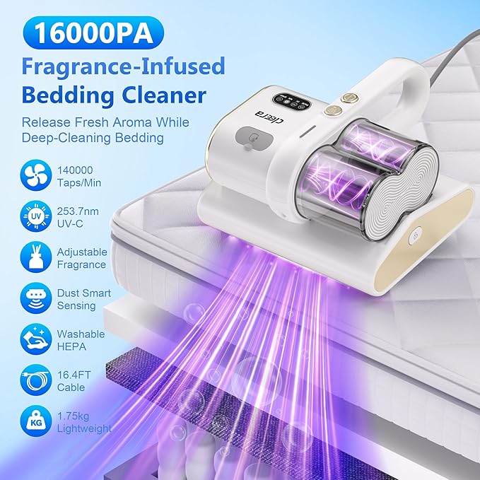 Mattress Vacuum Cleaner, 16KPa Suction, Dual Brushroll & Suction, Smart Dust Sensor, UV-C 253.7nm, HEPA, Fragrance Mist, 16.4FT Cord, Lightweight for Bed Sofa Carpet (Fragrance Not Included)