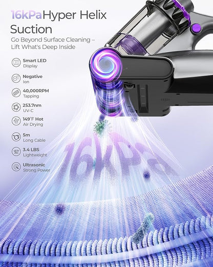 Mayking Upgrade Mattress Vacuum Cleaner - 16kPa Strong Suction & 40000 RPM, LED Display Bed Vacuum Cleaner Dust Detection, 253.7nm UV-C Light & HEPA, 149℉ Heat & Negative Ion for Bed Sofa, Model MV03