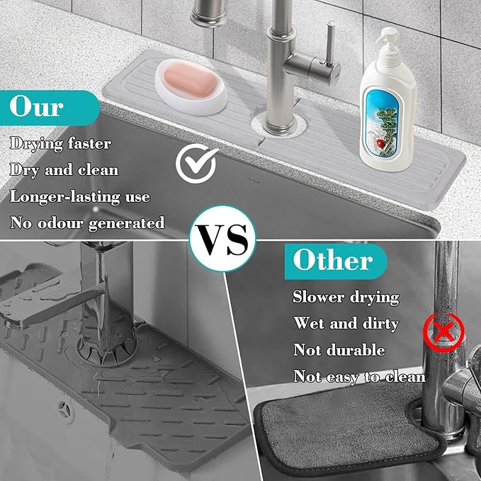 Stone Faucet Mat for Kitchen Sink, 15.7" Diatomite Drying Stone Mat Sink Protector Super Absorbent, Kitchen Sink Splash Guard, Sink Stone Quick Dry Around Faucet for Kitchen Bathroom Counter