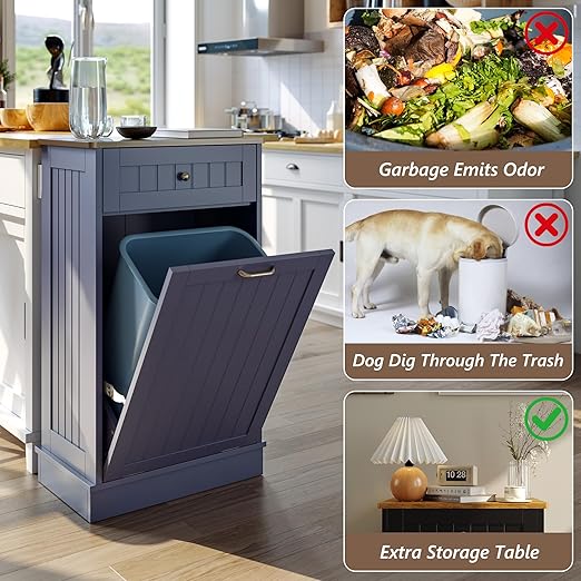 LOUVIXA Tilt Out Trash Can Cabinet, Hidden Trash Cabinet with Drawer, Wooden Dog Proof Trash Can Holder, Tilt Out Laundry Hamper, Garbage Can Holder (Gray-Blue)
