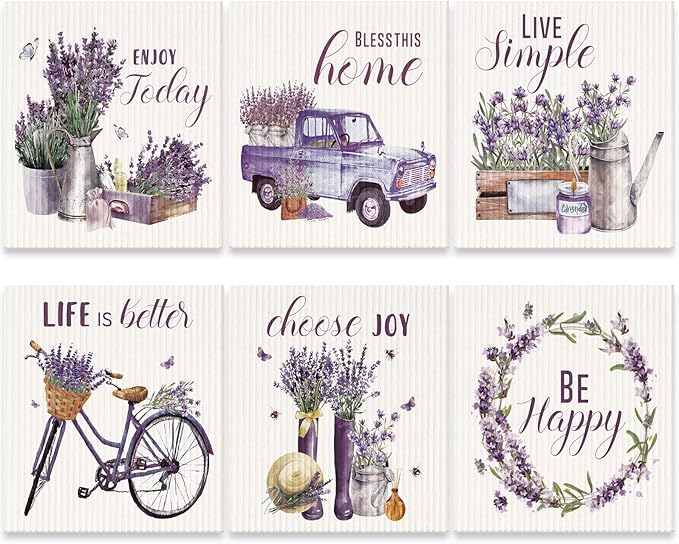 Cunhill 6 Pcs Swedish Kitchen Dish Cloths Kitchen Towels Reusable Sponge Cleaning Cloths Wipes Absorbent Dish Cloth Quick Drying Washable Decorative Tea Towels No Odor Bar Hand Towel (Lavender)