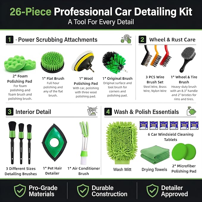 26Pcs Car Detailing Kit – Car Cleaning Kit, Car Wash Kit, Car Detailing Brush Set, Drill Brush Attachments for Cleaning, Car Cleaning Supplies for Interior, Exterior, Wheels, Green