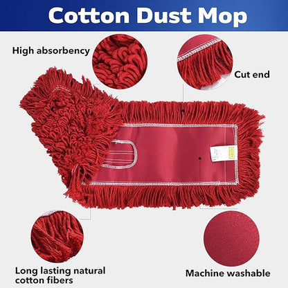 Matthew Cleaning 24'' Industrial Strength Cotton Dust Mop Refill Washable Replacement Heads for Residential & Commercial Use Fit Standard Dust Mop Frames, Hardwood,Concrete Floors Red 12 Pack