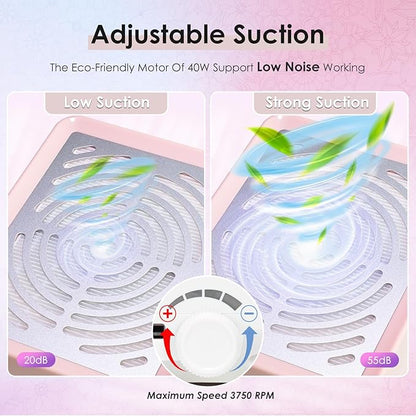 Nail Dust Collector with Lamp&50pcs Disposable Filter&Dusting Brush, Electric Nail Vacuum Cleaner Dust Fan Suction Machine for Manicure Acrylic Gel Nails Polishing, Low Noise,Salon Home