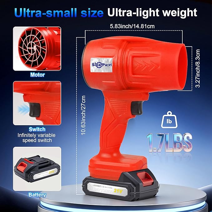 21V Handheld Leaf Blower – 98,000RPM High-Speed Motor, 1.7LB Ultra-Lightweight Hand Blower with 2 Batteries & Charger for Yard, Patio, Car Drying & Workshop（RED）