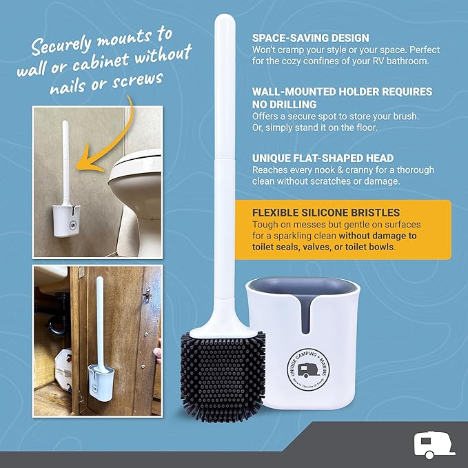 Unique RV Toilet Bowl Brush, Compact, Silicone Bristles, Won't Damage Toilets or Seals, Wall-Mount No-Drip Holder, Value Pack (Pack of 2)