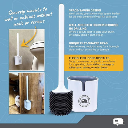 Unique RV Toilet Bowl Brush, Compact, Silicone Bristles, Won't Damage Toilets or Seals, Wall-Mount No-Drip Holder, Value Pack (Pack of 2)