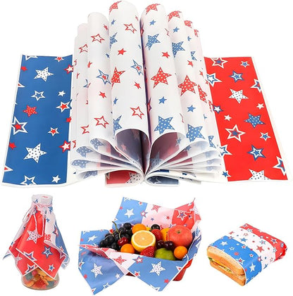 FOIMAS 150pcs Patriotic Wax Paper,9.8 x 9.8 Inch 4th of July Food Deli Paper Star Sandwich Basket Liner for Independence Day Picnic Patriotic Party Kitchen Supply