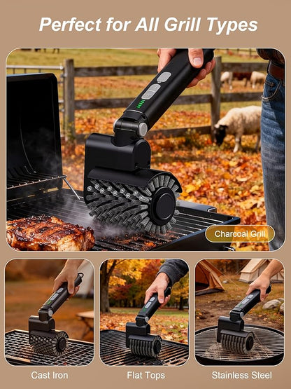 Electric Grill Brush, 3-Speed Power Control Grill Brush for Outdoor Grill, Rechargeable BBQ Grill Brush, Cordless Grill Cleaning Brush with 2 Brush Head & Scouring Pad, Gifts for Men/Dad
