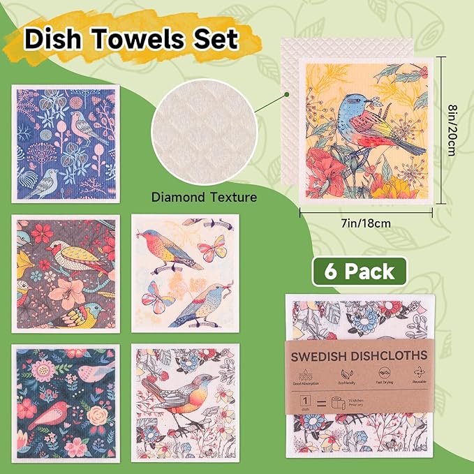 Polly Online Swedish Dishcloths for Kitchen,6 Pack Cloth Paper Towels Reusable Washable,Super Absorbent Dish Towels,No Odor,Biodegradable,Flowerbirds Design