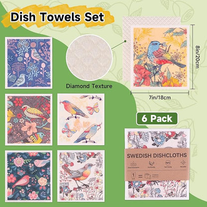 Polly Online Swedish Dishcloths for Kitchen,6 Pack Cloth Paper Towels Reusable Washable,Super Absorbent Dish Towels,No Odor,Biodegradable,Flowerbirds Design