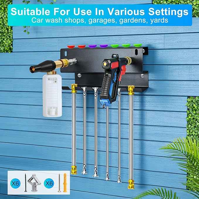 Wall-Mounted Pressure Washer Gun Holder - Universal 1/4" Quick Connect Rack for Gun, Foam Cannon & Nozzles | Rustproof Metal Storage for Garage, Car Wash, Garden(C-PWGH-S)