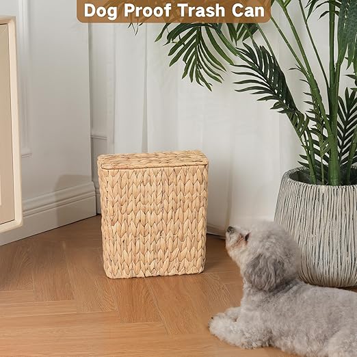 iEGrow Wicker Trash Can, Bathroom Trash Can with Lid, 3 Gallon Natural Water Hyacinth Waste Basket with Removable Liner, for Bedroom, Living Room, Toilet, Under Sink