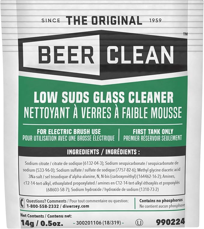 BEER CLEAN Diversey 990224 Low Suds Glass Cleaner for Electric Brushing, Portion Control Bar Glass Washing Powder, Unscented, Packet, 0.5-Ounce (Pack of 100)