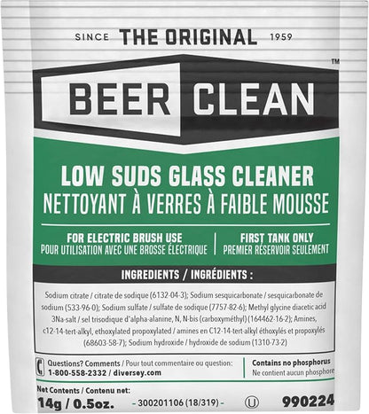 BEER CLEAN Diversey 990224 Low Suds Glass Cleaner for Electric Brushing, Portion Control Bar Glass Washing Powder, Unscented, Packet, 0.5-Ounce (Pack of 100)