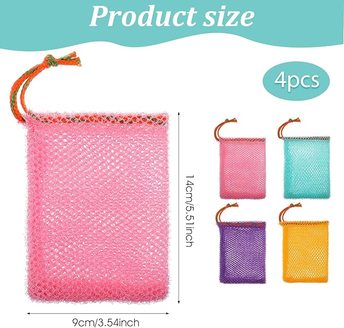 4 Pcs Mesh Soap Bags, 4 Colors Bar Soap Bags for Soaps Savers, Bar Soaps Loofah Bubble with Drawstring Foaming Nets Pocket for Shower Body Facial Cleaning