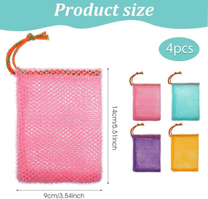 4 Pcs Mesh Soap Bags, 4 Colors Bar Soap Bags for Soaps Savers, Bar Soaps Loofah Bubble with Drawstring Foaming Nets Pocket for Shower Body Facial Cleaning