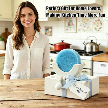 Cute Hanging Sponge Holder with Drainage,3D Printed Kitchen Funny Sponge Stand for Sink,with non-slip pads,Suitable for Scrub Daddy Holder,Keeps Your Sponge Dry Smiling (White)