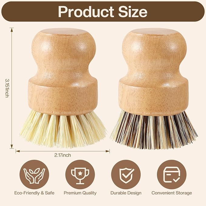 Wooden Dish Brush with Metal Stand Handheld Bamboo Wok Brush Scrubber for Dishes Pans Pots Fruit and Veggie Washing(2,Beige Brown)