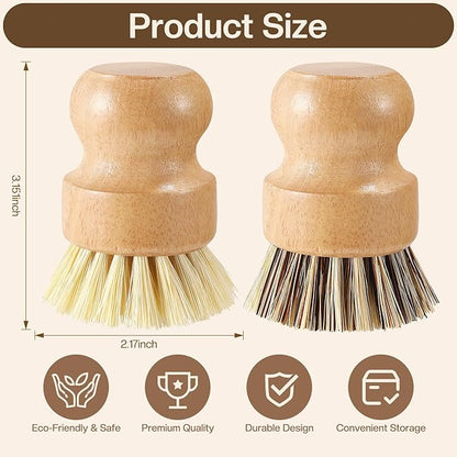 Wooden Dish Brush with Metal Stand Handheld Bamboo Wok Brush Scrubber for Dishes Pans Pots Fruit and Veggie Washing(2,Beige Brown)