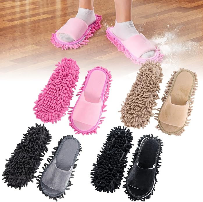 4 Pairs Washable Chenille Mop Slippers - Men & Women Floor Cleaning Slippers, High-Efficiency Dust Removal, 4 Colors Funny Mop Shoes for Living Room, Bedroom, Bathroom, Kitchen