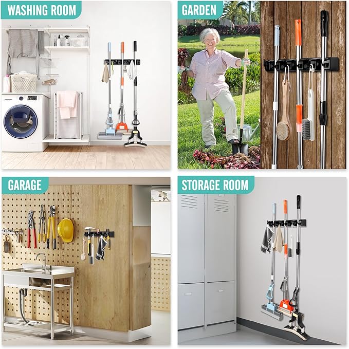InPoTo Broom and Mop Holder, Wall Mounted Organizer Storage Tool Rack with 5 Ball Slots and 6 Hooks (2 Pack)
