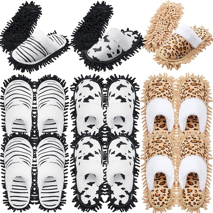 HooLing 6 Pairs Microfiber Dusting Cleaning Mop Slippers - Unisex Shoes With Cow Zebra Leopard Print for Office Home Room (Women 8-10/ Men 7-9)