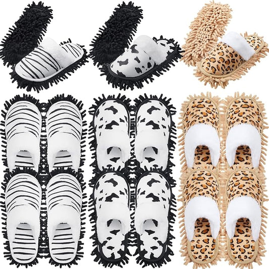 HooLing 6 Pairs Microfiber Dusting Cleaning Mop Slippers - Unisex Shoes With Cow Zebra Leopard Print for Office Home Room (Women 8-10/ Men 7-9)