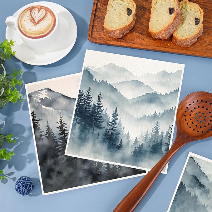 Whaline 6Pcs Dusty Blue Forest Swedish Dishcloths Cotton Kitchen Towels Reusable Absorbent Mountain Forest Dish Towels for Home Party Housewarming Cleaning, 7 x 8 Inch