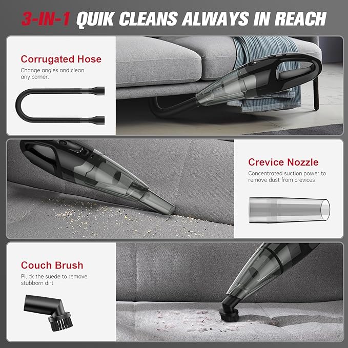 BSRCO Handheld Vacuum Cordless Rechargeable, 3-in-1 Car Vacuum Portable with LED Light & USB Charge, 1.65Lbs Lightweight Hand Vacuum Cleaner for Pet Hair, Home, Car Interior