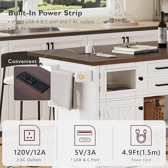 54.9" Large Kitchen Island with Drop Leaf, Power Outlet, Kitchen Storage Islands with Cross Barn Doors & Visual Glass Door, Rolling Kitchen Cart on 4 Wheels, White