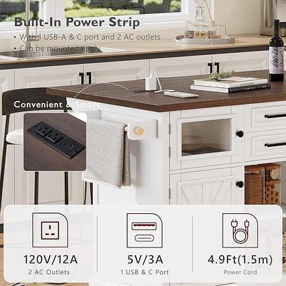 54.9" Large Kitchen Island with Drop Leaf, Power Outlet, Kitchen Storage Islands with Cross Barn Doors & Visual Glass Door, Rolling Kitchen Cart on 4 Wheels, White
