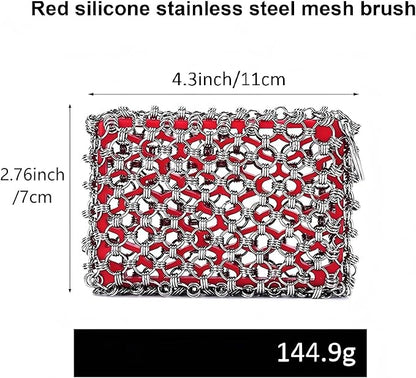 2026 Upgrade 316 Stainless Steel Pan Cleaner,4.5 Inch Triple-Ring Chain Mail Scrubber with Silicone Core, Cast Iron Pot Brush for Easier Removal of Stubborn Oil Stains & Food Residue-Red