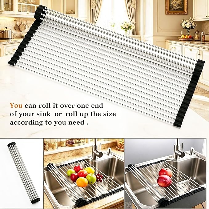 Ahyuan Roll up Dish Drying Rack Over The Sink Kitchen Roll up Sink Drying Rack Portable Dish Drainer Foldable Dish Drying Rack (Black, 20.5''X16.9'')