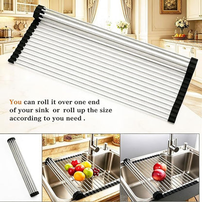 Ahyuan Roll up Dish Drying Rack Over The Sink Kitchen Roll up Sink Drying Rack Portable Dish Drainer Foldable Dish Drying Rack (Black, 20.5''X16.9'')