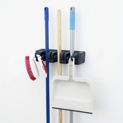 Superio Mop and Broom Holder Wall Mount Storage Organizer for Kitchen, Garage, Garden, 3 Slots (2 Pack, Black)