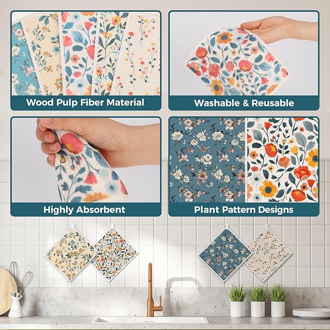 wlich Swedish Dishcloths, 10PCS Reusable Soft Kitchen Towels Dish Cloths Set with Clips, Non-Scratch Dish Rags for Washing Dishes, Washable Swedish Dish Cloths for Kitchen, No Odor(Plant)